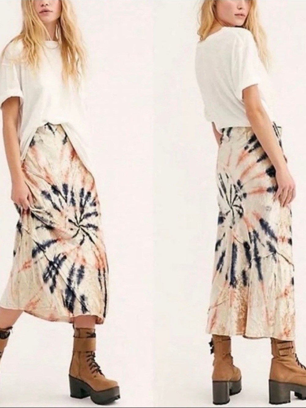 Tie-Dye Velvet Midi Skirt - Cream & Navy Orange